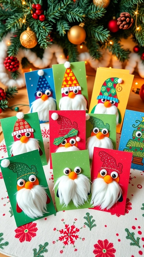 Handmade Gonk Christmas cards with colorful designs and festive decorations on a holiday-themed table.